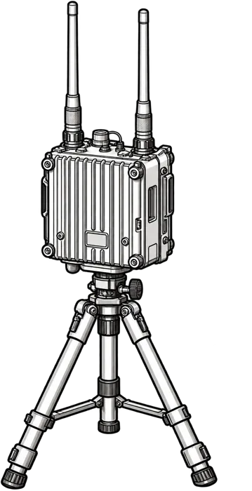 A tactical radio with twin antennas mounted on a tripod