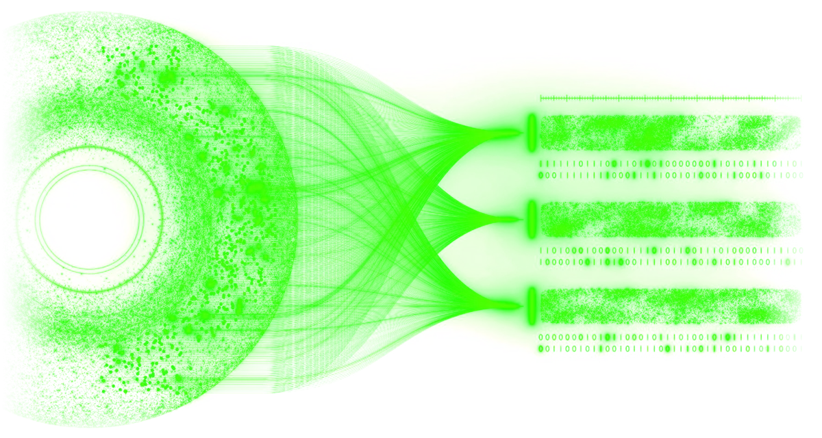 Streams of fragmented data converging into structured records